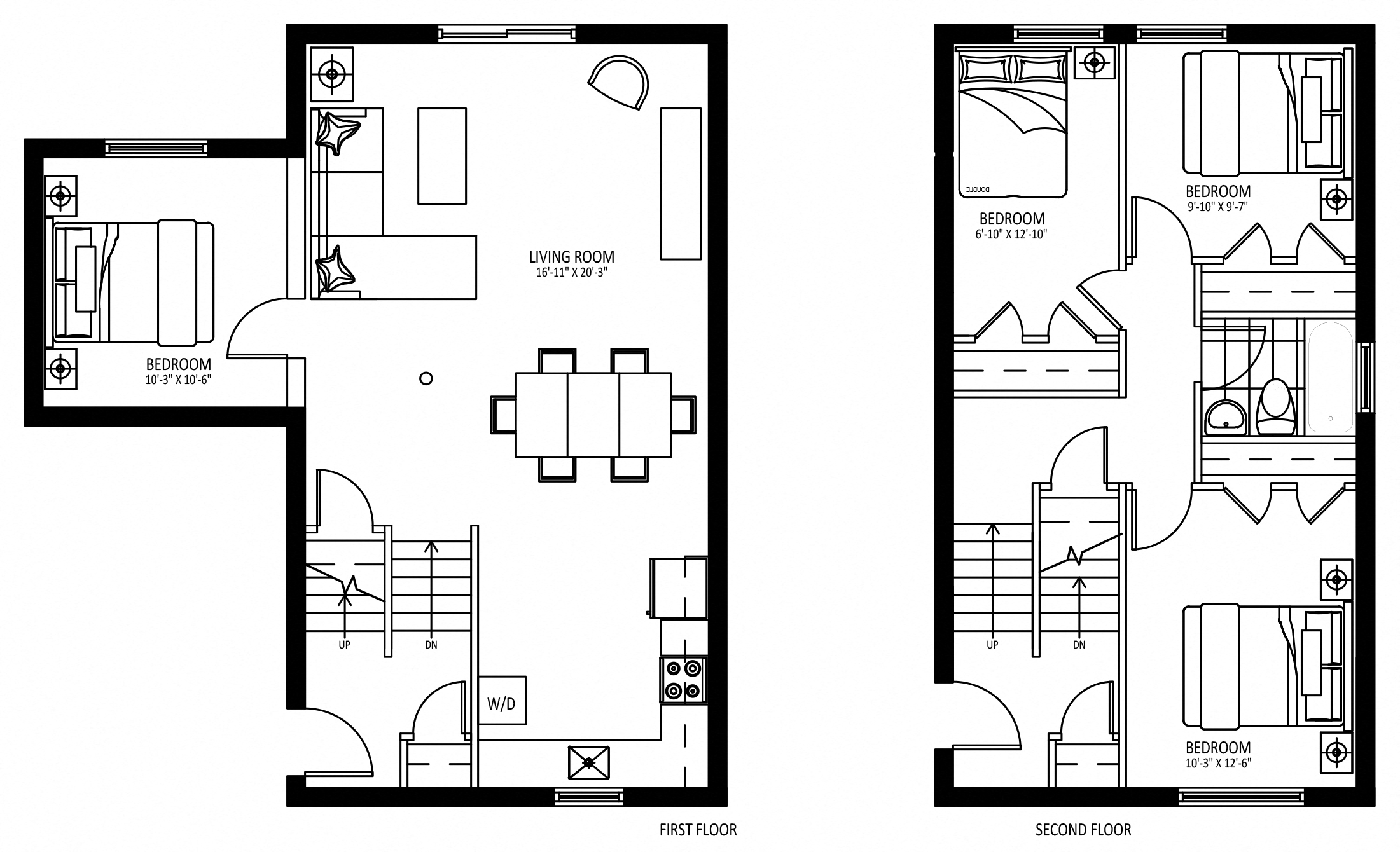 Floor plan for 4 beds, 1 bath, 1000 sqft